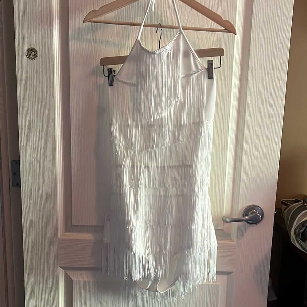 PrettyLittleThing Ivory Fringe Halter Romper